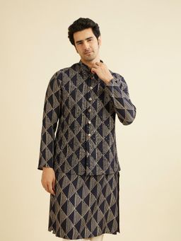 Manyavar - Blue Printed Embellished & Sequined Work Kurta & Pyjama with Jacket (Set of 3)