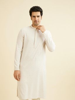 Manyavar - Cream Viscose Chikankari Thread Work Kurta & Pyjama (Set of 2)