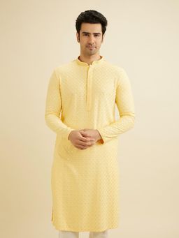 Manyavar - Yellow Viscose Chikankari Sequins Work Kurta with Pyjama (Set of 2)
