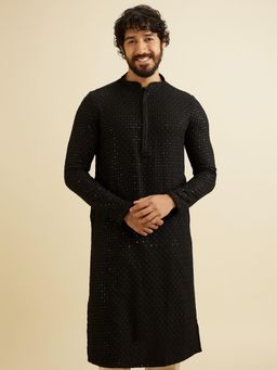 Manyavar - Black Viscose Embroidery Sequins Work Kurta with Pyjama (Set of 2)