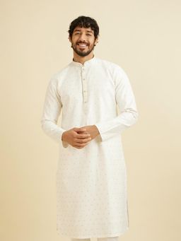 Manyavar - White Blended Cotton Thread Work Self Design Kurta & Pyjama (Set of 2)