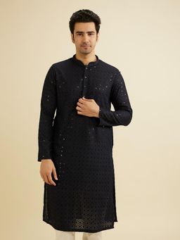 Manyavar - Blue Cotton Blend Chikankari Sequins Work Kurta with Pyjama (Set of 2)