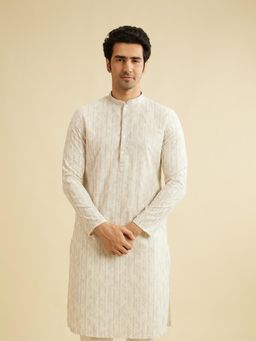 Manyavar - Beige Cotton Chikankari Kurta & Pyjama (Set of 2)