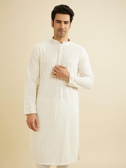 Manyavar - Warm Off White Viscose Chikankari Kurta with Pyjama (Set of 2)
