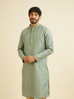 Manyavar - Grey Art Silk Thread Work Printed Kurta & Pyjama (Set of 2)