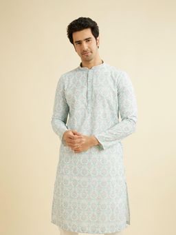 Manyavar - Blue Blended Cotton Printed Chikankari Kurta & Pyjama (Set of 2)
