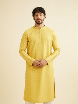 Manyavar - Yellow Blended Viscose Thread Embroidery Kurta & Pyjama (Set of 2)
