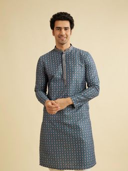 Manyavar - Blue Art Silk Printed Kurta & Pyjama (Set of 2)