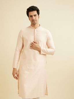 Manyavar - Peach Art Silk Thread Work Self Design Kurta & Pyjama (Set of 2)