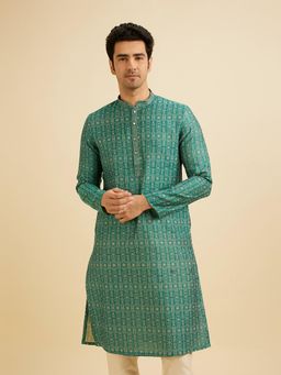 Manyavar - Green Cotton Blend Printed Kurta with Pyjama (Set of 2)