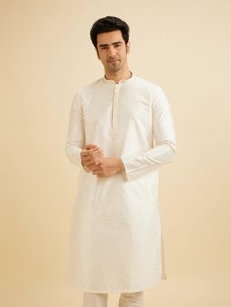 Manyavar - Warm Off White Art Silk Embroidery Sequins Work Kurta with Pyjama (Set of 2)