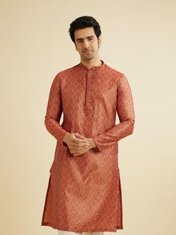 Manyavar - Rust Blended Cotton Printed Kurta & Pyjama (Set of 2)