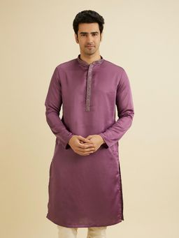 Manyavar - Purple Satin Self Design Kurta with Pyjama (Set of 2)