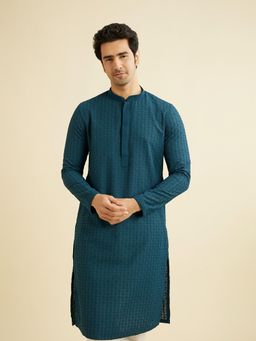 Manyavar - Blue Blended Cotton Chikankari Kurta & Pyjama (Set of 2)