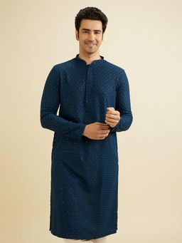 Manyavar - Blue Viscose Chikankari Sequins Work Kurta with Pyjama (Set of 2)