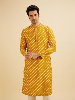 Manyavar - Mustard Art Silk Printed Mirror Work Embroidery Kurta & Pyjama (Set of 2)