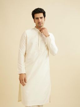 Manyavar - Cream Blended Viscose Embroidered Kurta & Pyjama (Set of 2)