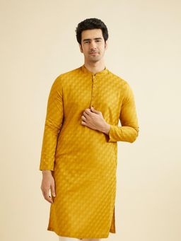 Manyavar - Mustard Cotton Printed Geometric Kurta & Pyjama (Set of 2)
