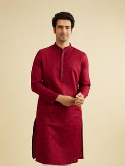 Manyavar - Maroon Cotton Printed Geometric Kurta & Pyjama (Set of 2)