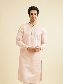 Manyavar - Pink Satin Thread Embroidered Thread Work Kurta & Pyjama (Set of 2)