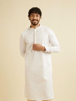 Manyavar - Warm White Satin Thread Embroidered Thread Work Kurta & Pyjama (Set of 2)