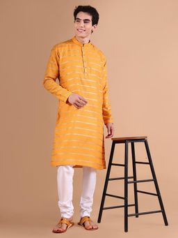 SHOWOFFFF - Men Mustard Stripes Kurta with Trouser (Set of 2)