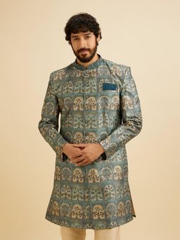Manyavar - Green Art Silk Printed Thread Work Embroidery Kurta with Trouser (Set of 2)