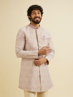 Manyavar - Pink Brocade Printed Kurta with Trouser and Pocket Square (Set of 4)