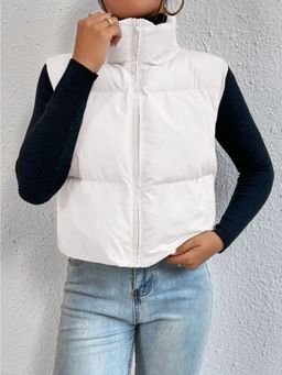 Buynewtrend - Camel Sleeveless White Puffer Jacket