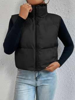 Buynewtrend - Camel Sleeveless Black Puffer Jacket