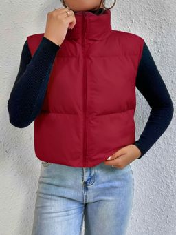 Buynewtrend - Camel Sleeveless Maroon Puffer Jacket