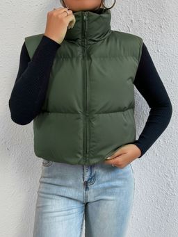 Buynewtrend - Camel Sleeveless Green Puffer Jacket