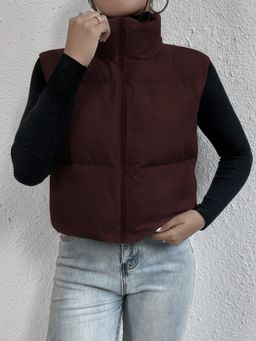 Buynewtrend - Camel Sleeveless Brown Puffer Jacket