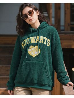 Bewakoof - Harry Potter Women's Green Hogwarts Embroidered Oversized Hoodie
