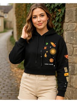 Bewakoof - Women'S Black Cosmic Culture Graphic Printed Oversized Crop Hoodie