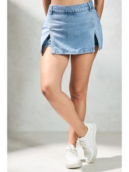 Virgio - Women Solid Cotton Denim Mini Blue Skorts