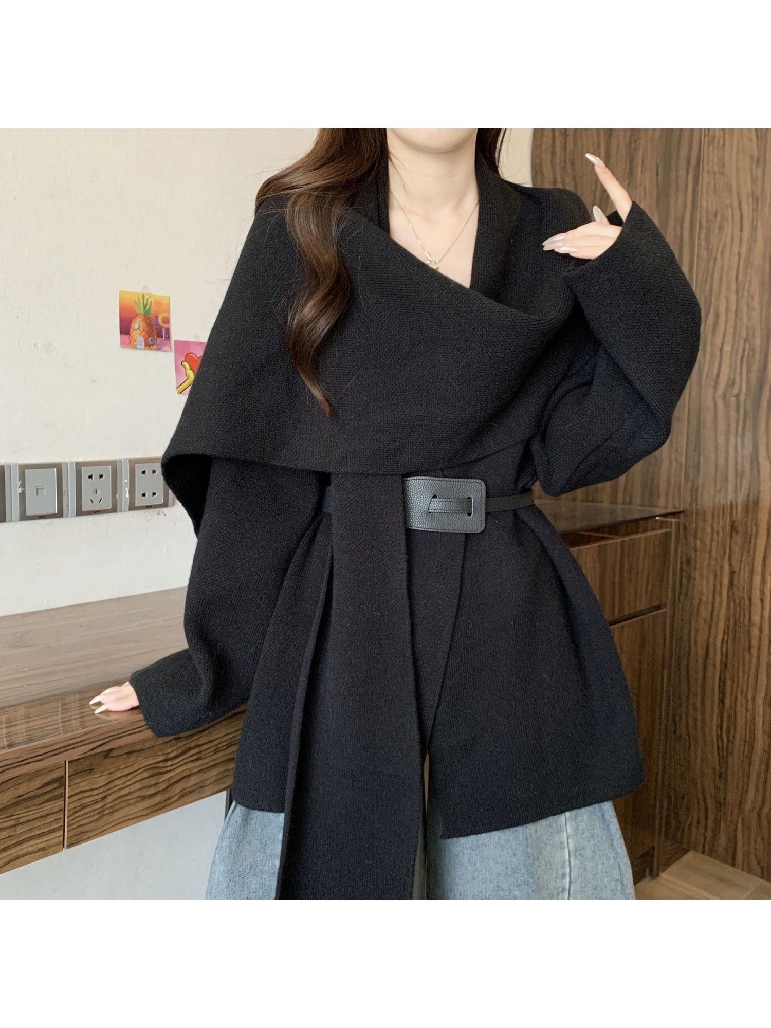 Maddox Luxe Winter Black Cape with Belt-picture-40