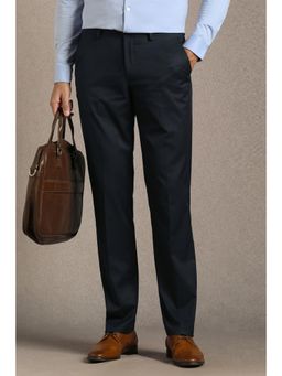 Louis Philippe - Men Navy Blue Solid Flat Front Formal Trouser