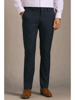 Louis Philippe - Men Navy Blue Textured Flat Front Formal Trouser