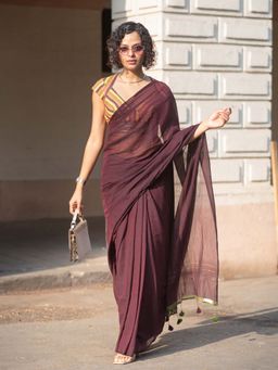 Suta - Burgundy Solid Pure Mul Cotton Saree Without Blouse Piece