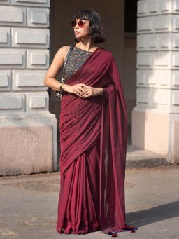 Suta - Maroon Solid Pure Mul Cotton Saree Without Blouse Piece