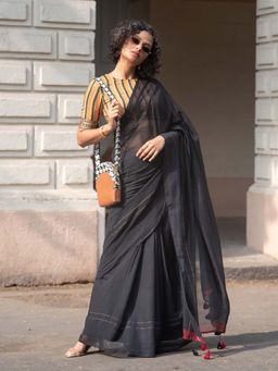 Suta - Black Solid Pure Mul Cotton Saree Without Blouse Piece