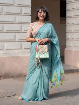 Suta - Blue Solid Pure Mul Cotton Saree Without Blouse Piece