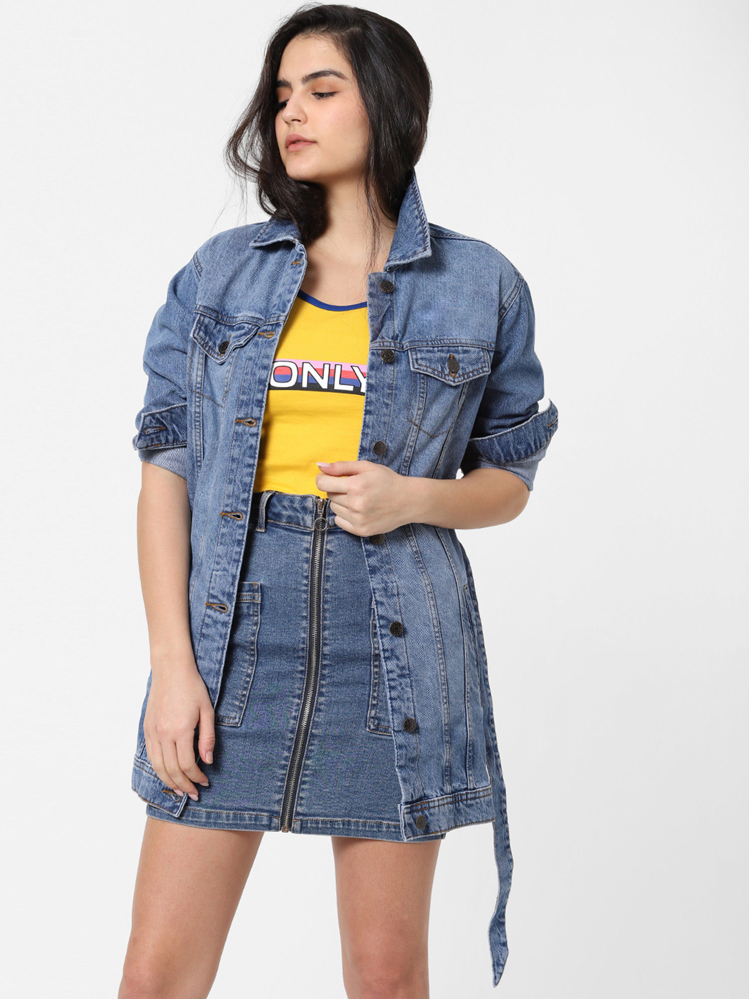 Blue Washed Long Denim Jacket Online 