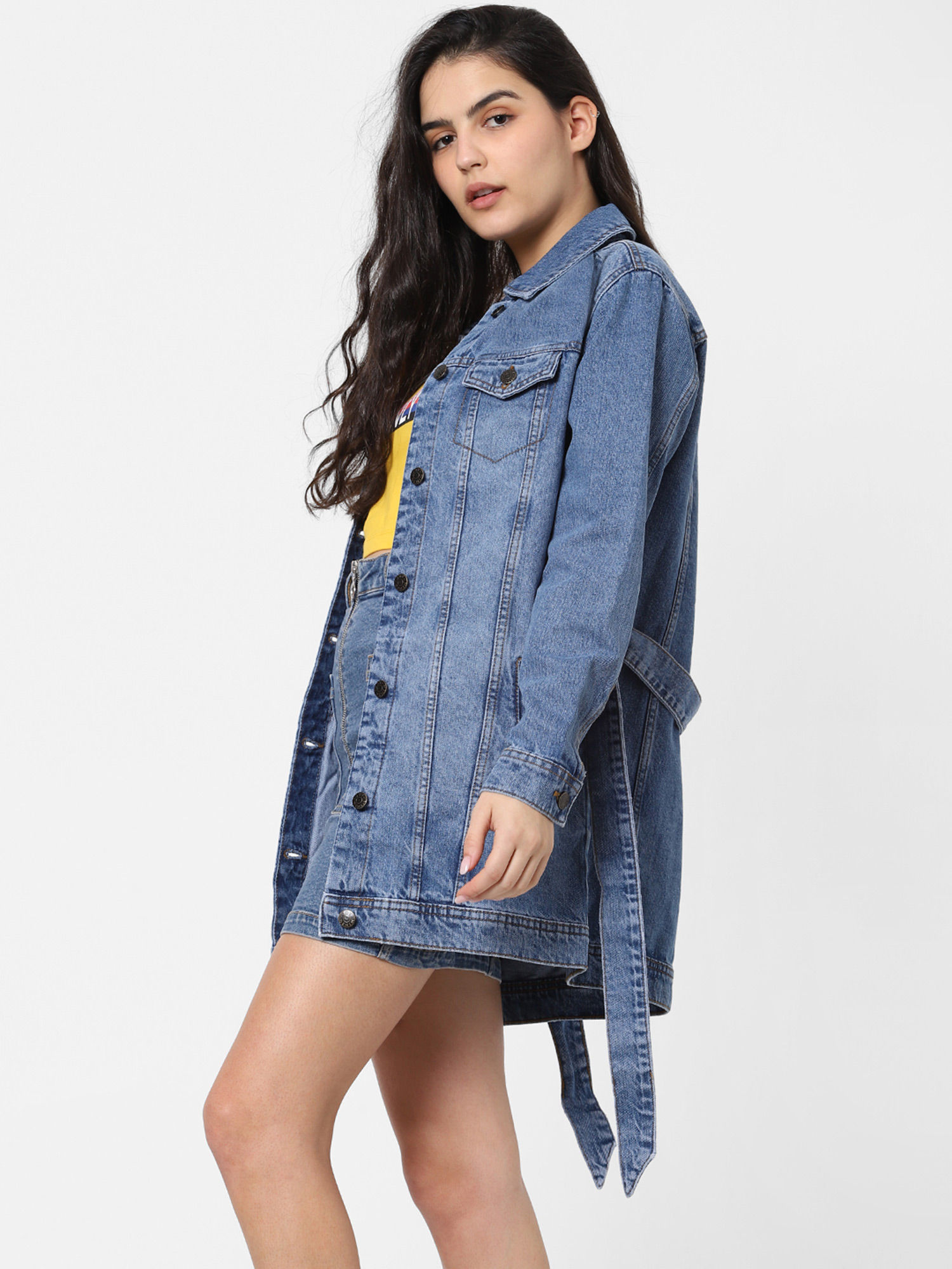 Blue Washed Long Denim Jacket Online 