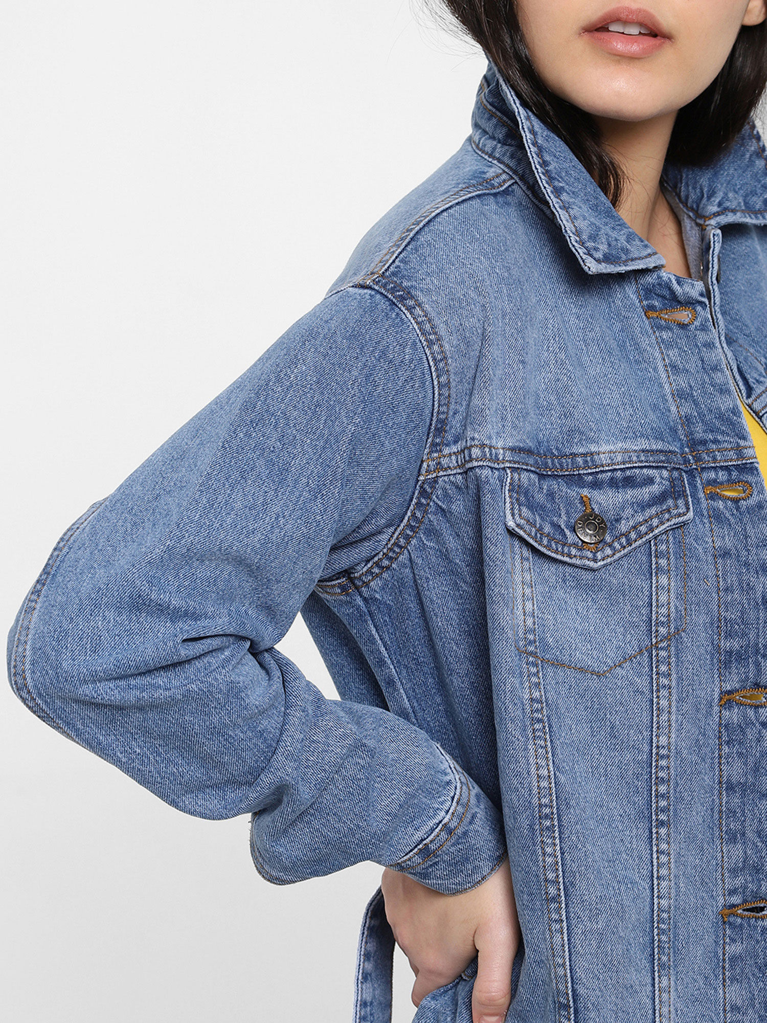 Blue Washed Long Denim Jacket Online 