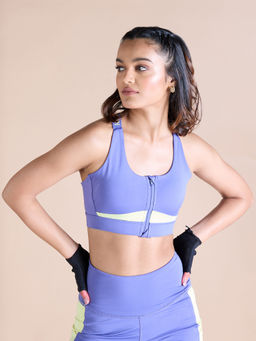 Kica - Second Skn Mid Support Zip Sports Bra With Racerback And Mesh Panel At Back Purple