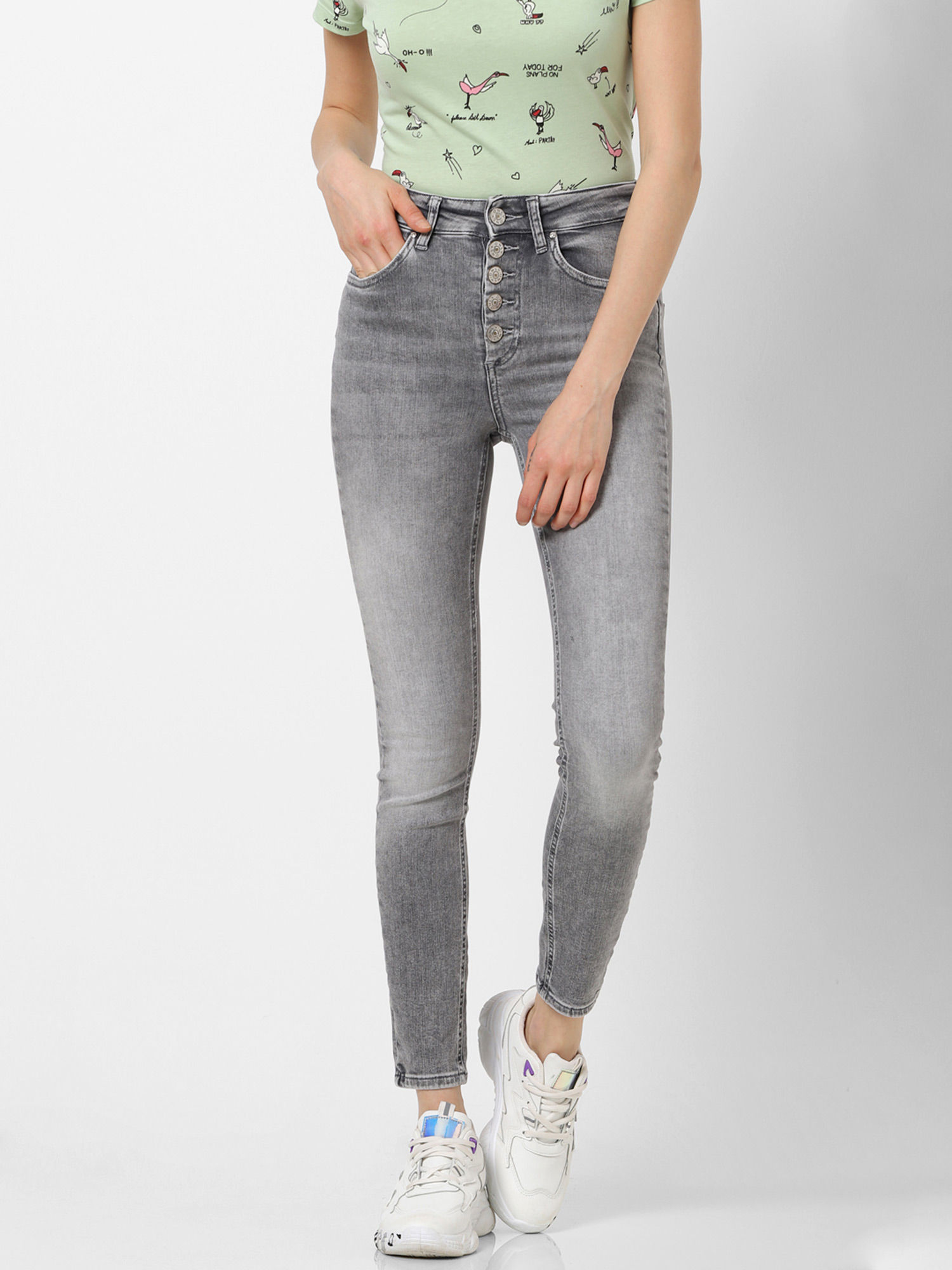 Grey High Waist Washed Skinny Fit Jeans 