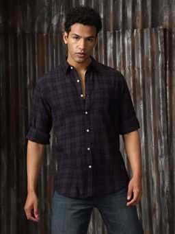 High Star - Men Blue Regular Check Regular Fit Cotton Collar Long Sleeve Shirt