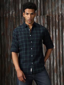 High Star - Men Blue Regular Check Regular Fit Cotton Collar Long Sleeve Shirt